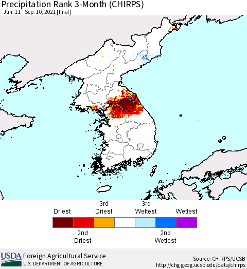 Korea Precipitation Rank since 1981, 3-Month (CHIRPS) Thematic Map For 6/11/2021 - 9/10/2021