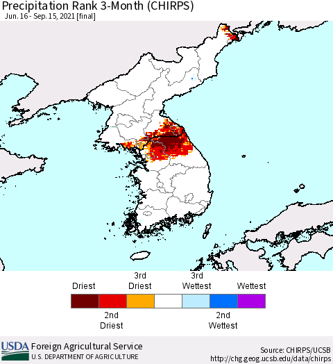 Korea Precipitation Rank since 1981, 3-Month (CHIRPS) Thematic Map For 6/16/2021 - 9/15/2021