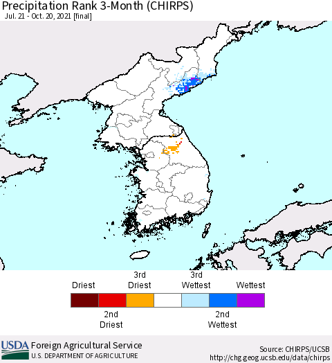 Korea Precipitation Rank since 1981, 3-Month (CHIRPS) Thematic Map For 7/21/2021 - 10/20/2021