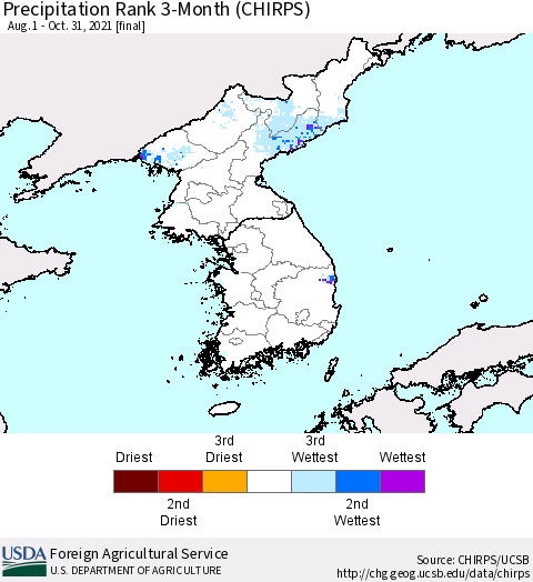 Korea Precipitation Rank since 1981, 3-Month (CHIRPS) Thematic Map For 8/1/2021 - 10/31/2021