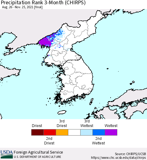Korea Precipitation Rank since 1981, 3-Month (CHIRPS) Thematic Map For 8/26/2021 - 11/25/2021