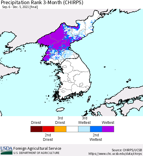 Korea Precipitation Rank since 1981, 3-Month (CHIRPS) Thematic Map For 9/6/2021 - 12/5/2021