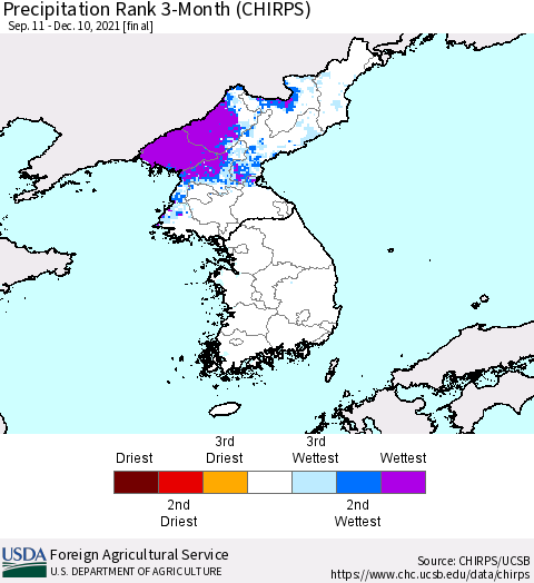Korea Precipitation Rank 3-Month (CHIRPS) Thematic Map For 9/11/2021 - 12/10/2021