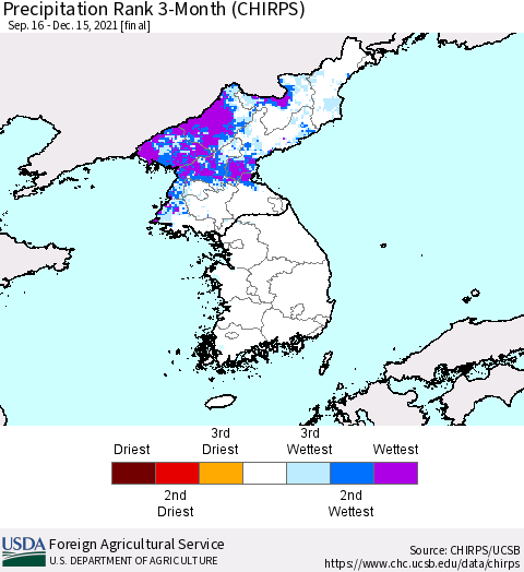 Korea Precipitation Rank 3-Month (CHIRPS) Thematic Map For 9/16/2021 - 12/15/2021