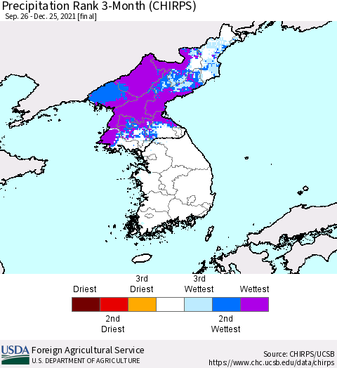 Korea Precipitation Rank 3-Month (CHIRPS) Thematic Map For 9/26/2021 - 12/25/2021