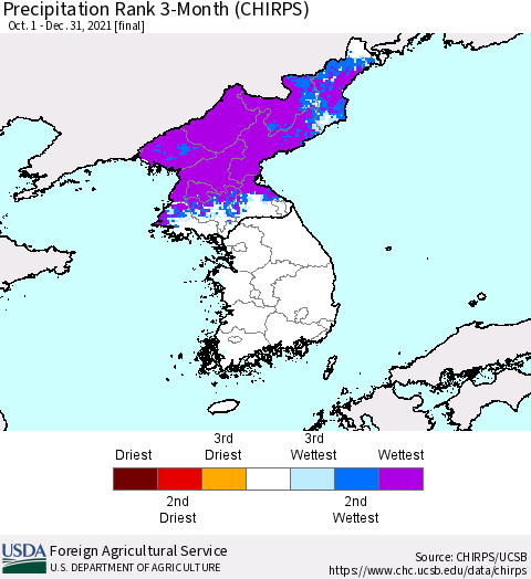 Korea Precipitation Rank 3-Month (CHIRPS) Thematic Map For 10/1/2021 - 12/31/2021