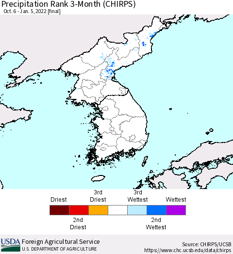 Korea Precipitation Rank 3-Month (CHIRPS) Thematic Map For 10/6/2021 - 1/5/2022