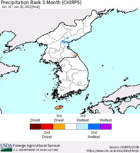 Korea Precipitation Rank since 1981, 3-Month (CHIRPS) Thematic Map For 10/21/2021 - 1/20/2022