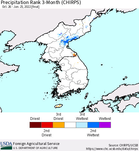 Korea Precipitation Rank since 1981, 3-Month (CHIRPS) Thematic Map For 10/26/2021 - 1/25/2022