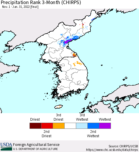 Korea Precipitation Rank since 1981, 3-Month (CHIRPS) Thematic Map For 11/1/2021 - 1/31/2022
