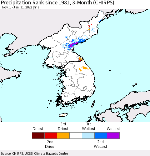 Korea Precipitation Rank since 1981, 3-Month (CHIRPS) Thematic Map For 11/1/2021 - 1/31/2022