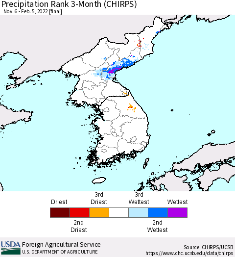 Korea Precipitation Rank 3-Month (CHIRPS) Thematic Map For 11/6/2021 - 2/5/2022