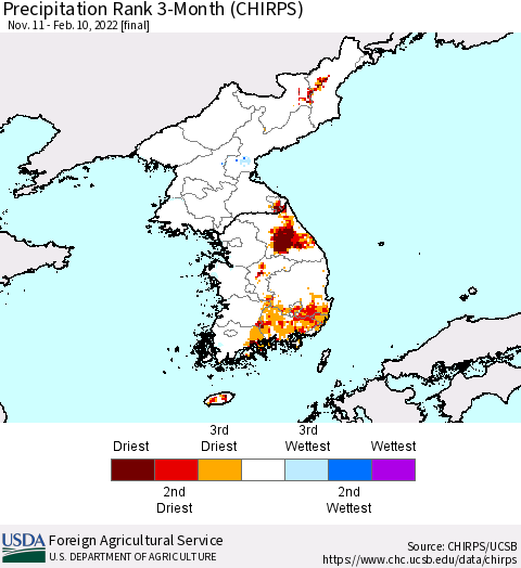 Korea Precipitation Rank 3-Month (CHIRPS) Thematic Map For 11/11/2021 - 2/10/2022