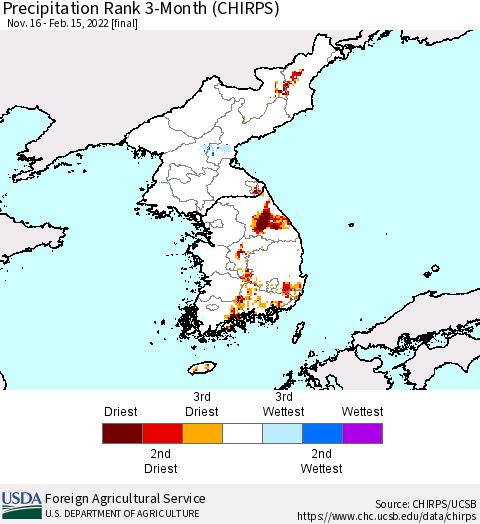 Korea Precipitation Rank 3-Month (CHIRPS) Thematic Map For 11/16/2021 - 2/15/2022