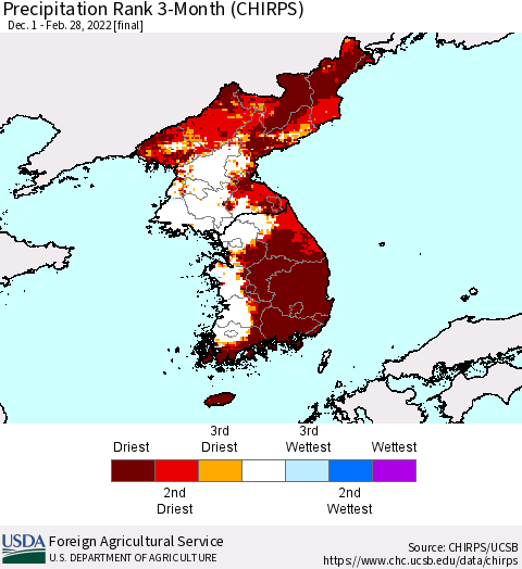 Korea Precipitation Rank 3-Month (CHIRPS) Thematic Map For 12/1/2021 - 2/28/2022