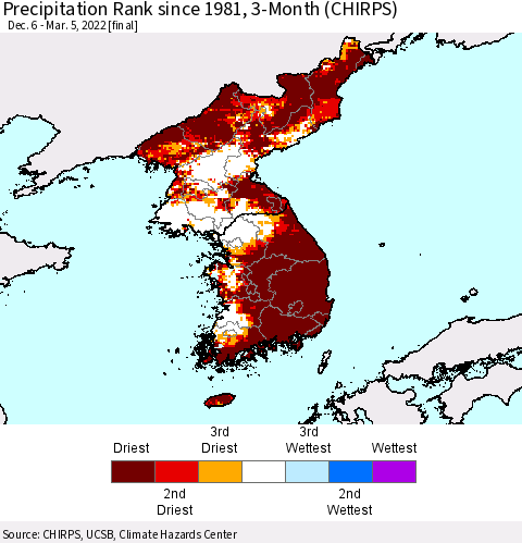 Korea Precipitation Rank since 1981, 3-Month (CHIRPS) Thematic Map For 12/6/2021 - 3/5/2022