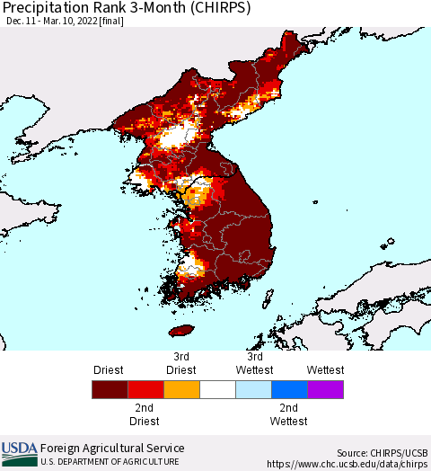 Korea Precipitation Rank since 1981, 3-Month (CHIRPS) Thematic Map For 12/11/2021 - 3/10/2022