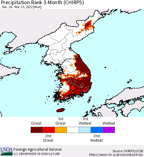 Korea Precipitation Rank 3-Month (CHIRPS) Thematic Map For 12/16/2021 - 3/15/2022