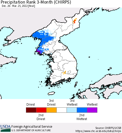 Korea Precipitation Rank 3-Month (CHIRPS) Thematic Map For 12/26/2021 - 3/25/2022