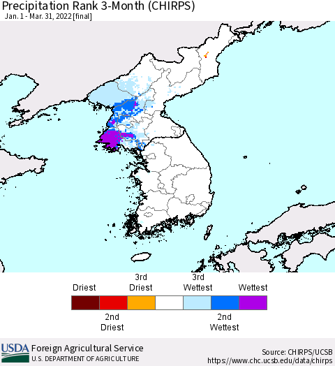 Korea Precipitation Rank 3-Month (CHIRPS) Thematic Map For 1/1/2022 - 3/31/2022