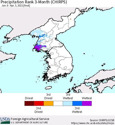 Korea Precipitation Rank 3-Month (CHIRPS) Thematic Map For 1/6/2022 - 4/5/2022