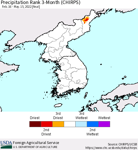 Korea Precipitation Rank since 1981, 3-Month (CHIRPS) Thematic Map For 2/16/2022 - 5/15/2022