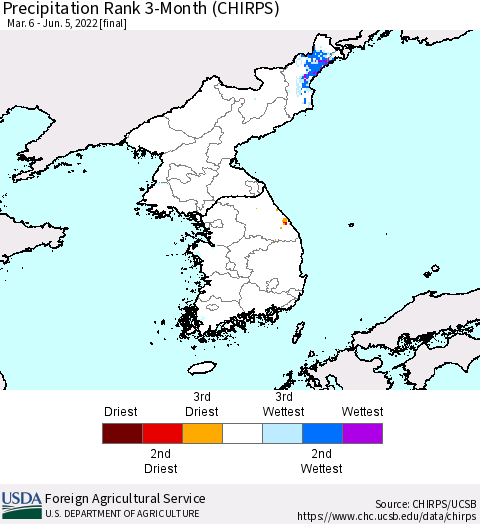 Korea Precipitation Rank 3-Month (CHIRPS) Thematic Map For 3/6/2022 - 6/5/2022