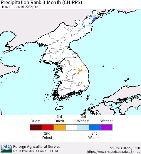 Korea Precipitation Rank since 1981, 3-Month (CHIRPS) Thematic Map For 3/11/2022 - 6/10/2022