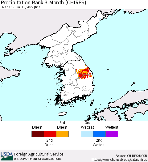 Korea Precipitation Rank 3-Month (CHIRPS) Thematic Map For 3/16/2022 - 6/15/2022