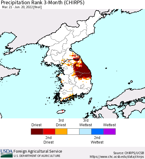 Korea Precipitation Rank 3-Month (CHIRPS) Thematic Map For 3/21/2022 - 6/20/2022