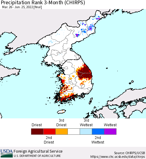 Korea Precipitation Rank since 1981, 3-Month (CHIRPS) Thematic Map For 3/26/2022 - 6/25/2022