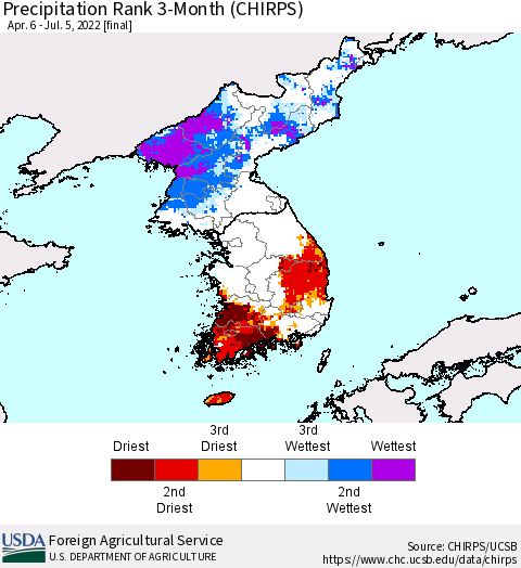 Korea Precipitation Rank since 1981, 3-Month (CHIRPS) Thematic Map For 4/6/2022 - 7/5/2022