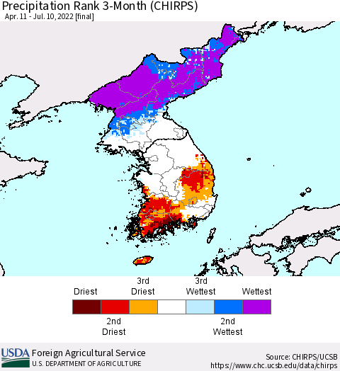 Korea Precipitation Rank 3-Month (CHIRPS) Thematic Map For 4/11/2022 - 7/10/2022
