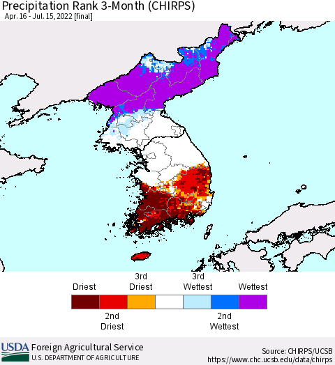 Korea Precipitation Rank since 1981, 3-Month (CHIRPS) Thematic Map For 4/16/2022 - 7/15/2022