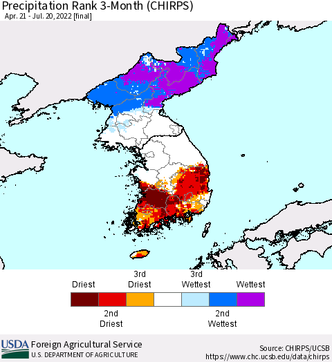 Korea Precipitation Rank 3-Month (CHIRPS) Thematic Map For 4/21/2022 - 7/20/2022