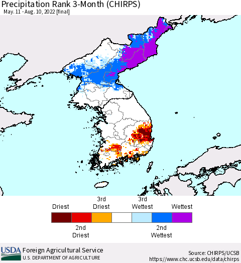Korea Precipitation Rank 3-Month (CHIRPS) Thematic Map For 5/11/2022 - 8/10/2022