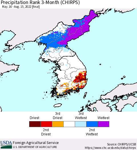 Korea Precipitation Rank since 1981, 3-Month (CHIRPS) Thematic Map For 5/16/2022 - 8/15/2022