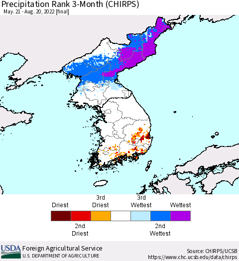 Korea Precipitation Rank 3-Month (CHIRPS) Thematic Map For 5/21/2022 - 8/20/2022