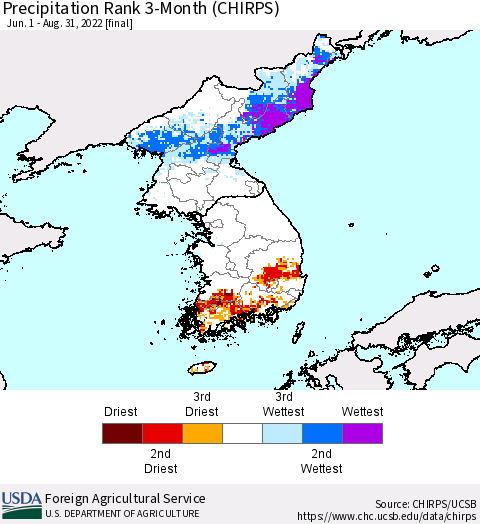 Korea Precipitation Rank since 1981, 3-Month (CHIRPS) Thematic Map For 6/1/2022 - 8/31/2022