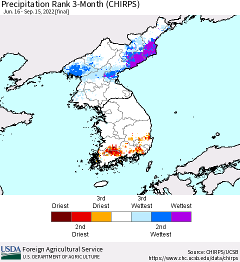 Korea Precipitation Rank 3-Month (CHIRPS) Thematic Map For 6/16/2022 - 9/15/2022