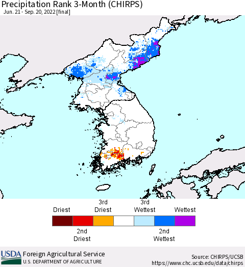Korea Precipitation Rank 3-Month (CHIRPS) Thematic Map For 6/21/2022 - 9/20/2022