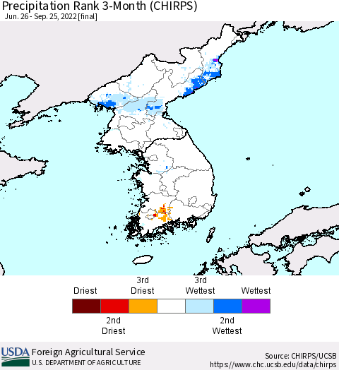 Korea Precipitation Rank 3-Month (CHIRPS) Thematic Map For 6/26/2022 - 9/25/2022