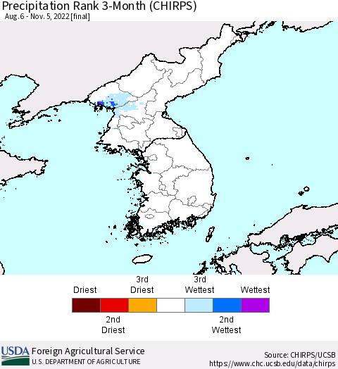Korea Precipitation Rank 3-Month (CHIRPS) Thematic Map For 8/6/2022 - 11/5/2022