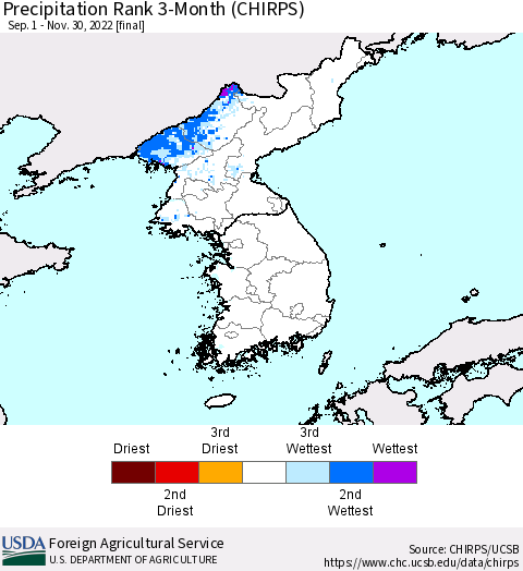 Korea Precipitation Rank since 1981, 3-Month (CHIRPS) Thematic Map For 9/1/2022 - 11/30/2022