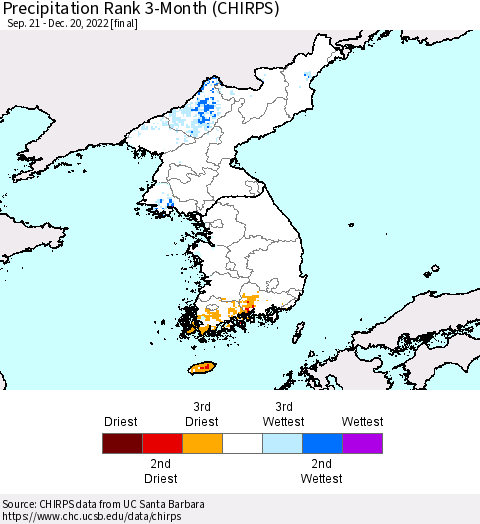Korea Precipitation Rank since 1981, 3-Month (CHIRPS) Thematic Map For 9/21/2022 - 12/20/2022