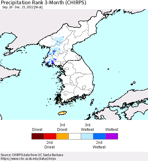 Korea Precipitation Rank since 1981, 3-Month (CHIRPS) Thematic Map For 9/26/2022 - 12/25/2022