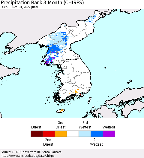 Korea Precipitation Rank since 1981, 3-Month (CHIRPS) Thematic Map For 10/1/2022 - 12/31/2022
