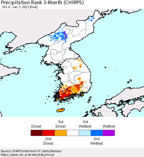 Korea Precipitation Rank since 1981, 3-Month (CHIRPS) Thematic Map For 10/6/2022 - 1/5/2023