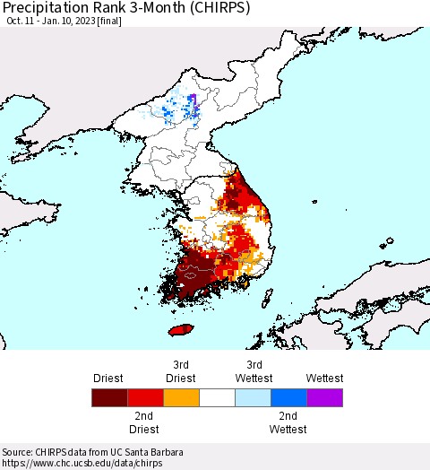 Korea Precipitation Rank since 1981, 3-Month (CHIRPS) Thematic Map For 10/11/2022 - 1/10/2023