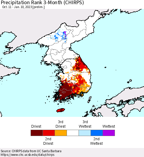 Korea Precipitation Rank 3-Month (CHIRPS) Thematic Map For 10/11/2022 - 1/10/2023